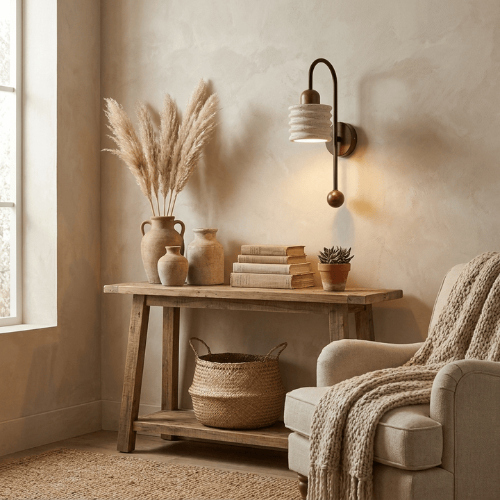 Ribbed Travertine Arc Sconce