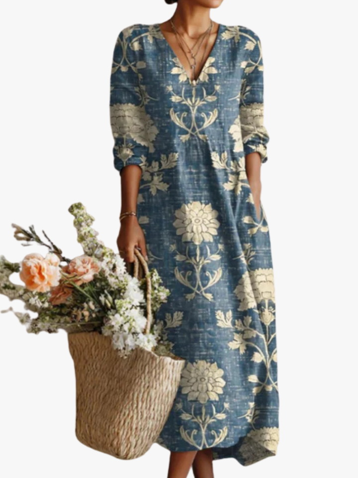 VINTAGE MIDI-JURK VAN LINNEN MET BLOEMENPATROON VOOR VROUWEN