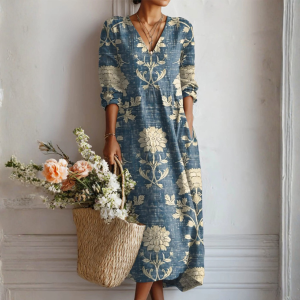VINTAGE MIDI-JURK VAN LINNEN MET BLOEMENPATROON VOOR VROUWEN