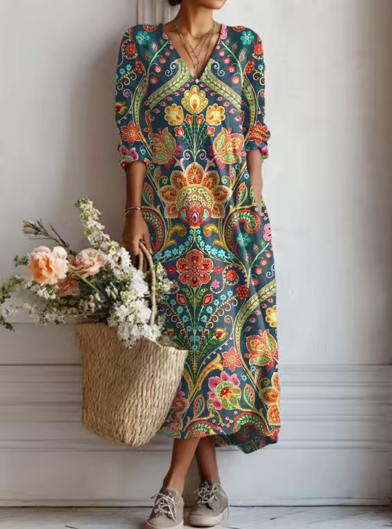 VINTAGE MIDI-JURK VAN LINNEN MET BLOEMENPATROON VOOR VROUWEN