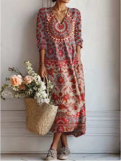 VINTAGE MIDI-JURK VAN LINNEN MET BLOEMENPATROON VOOR VROUWEN
