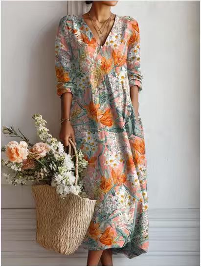 VINTAGE MIDI-JURK VAN LINNEN MET BLOEMENPATROON VOOR VROUWEN