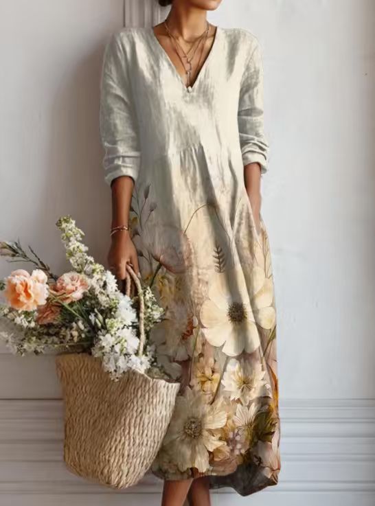 VINTAGE MIDI-JURK VAN LINNEN MET BLOEMENPATROON VOOR VROUWEN