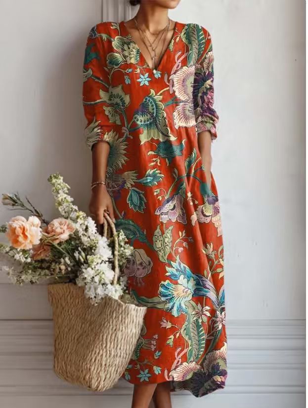 VINTAGE MIDI-JURK VAN LINNEN MET BLOEMENPATROON VOOR VROUWEN