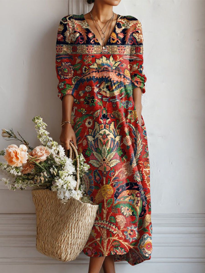 VINTAGE MIDI-JURK VAN LINNEN MET BLOEMENPATROON VOOR VROUWEN