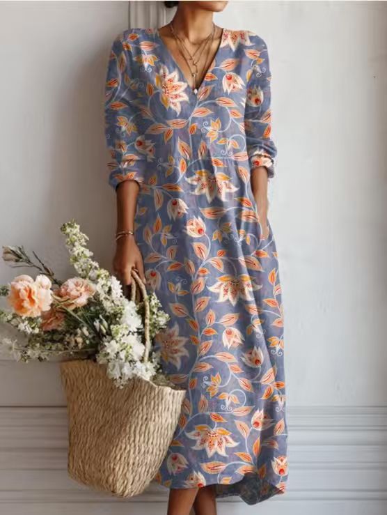 VINTAGE MIDI-JURK VAN LINNEN MET BLOEMENPATROON VOOR VROUWEN