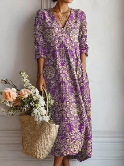 VINTAGE MIDI-JURK VAN LINNEN MET BLOEMENPATROON VOOR VROUWEN