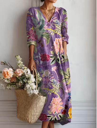 VINTAGE MIDI-JURK VAN LINNEN MET BLOEMENPATROON VOOR VROUWEN