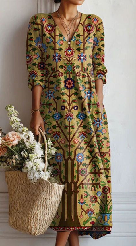 VINTAGE MIDI-JURK VAN LINNEN MET BLOEMENPATROON VOOR VROUWEN