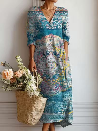 VINTAGE MIDI-JURK VAN LINNEN MET BLOEMENPATROON VOOR VROUWEN