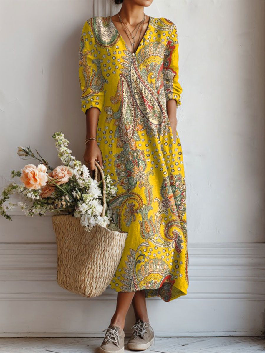 VINTAGE MIDI-JURK VAN LINNEN MET BLOEMENPATROON VOOR VROUWEN