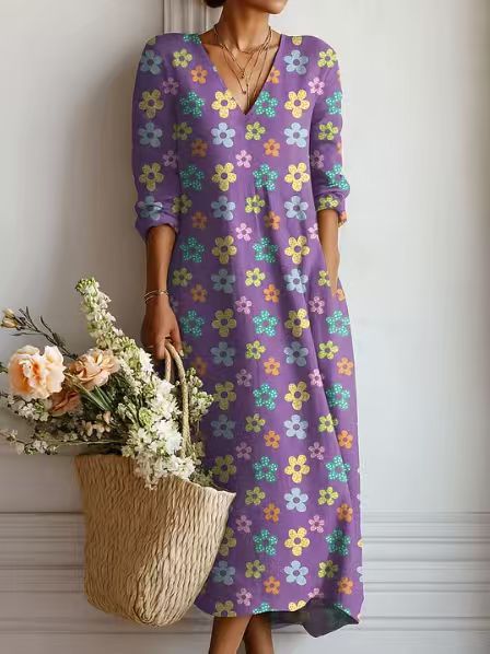 VINTAGE MIDI-JURK VAN LINNEN MET BLOEMENPATROON VOOR VROUWEN
