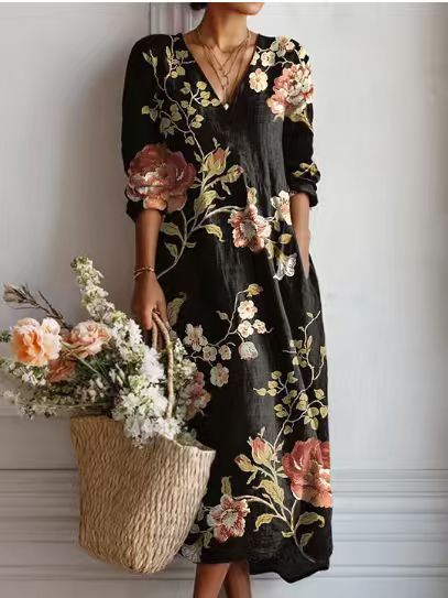 VINTAGE MIDI-JURK VAN LINNEN MET BLOEMENPATROON VOOR VROUWEN