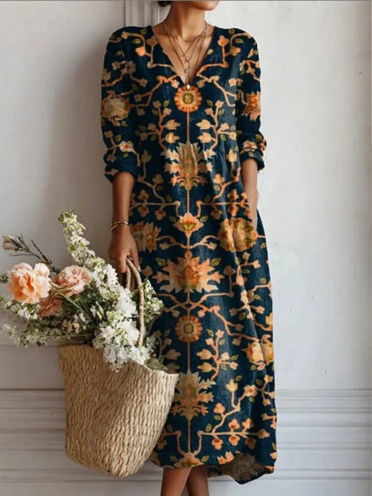 VINTAGE MIDI-JURK VAN LINNEN MET BLOEMENPATROON VOOR VROUWEN
