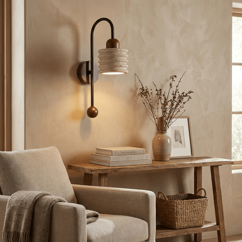 Ribbed Travertine Arc Sconce