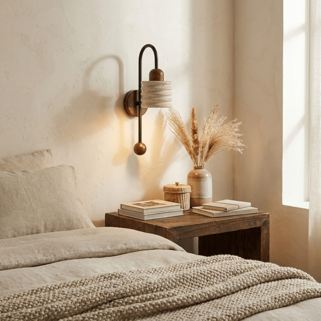 Ribbed Travertine Arc Sconce