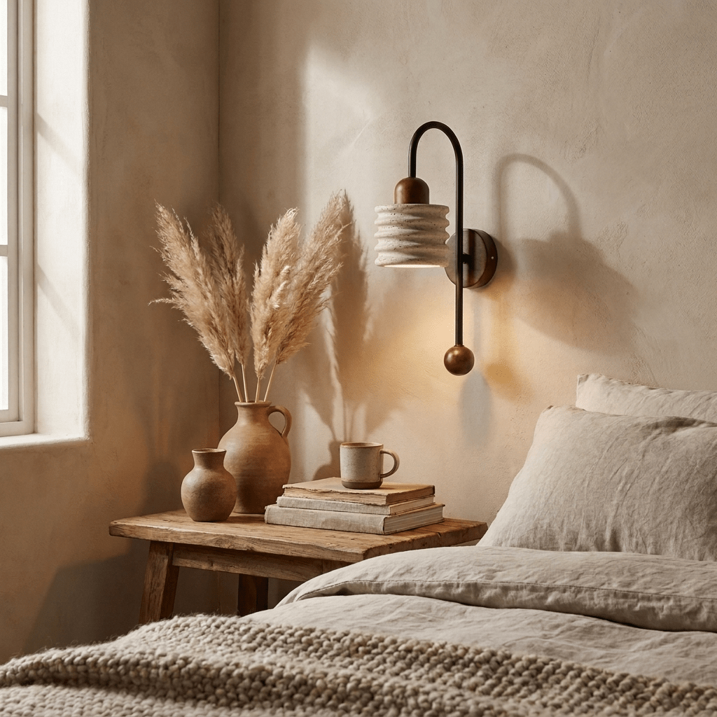 Ribbed Travertine Arc Sconce