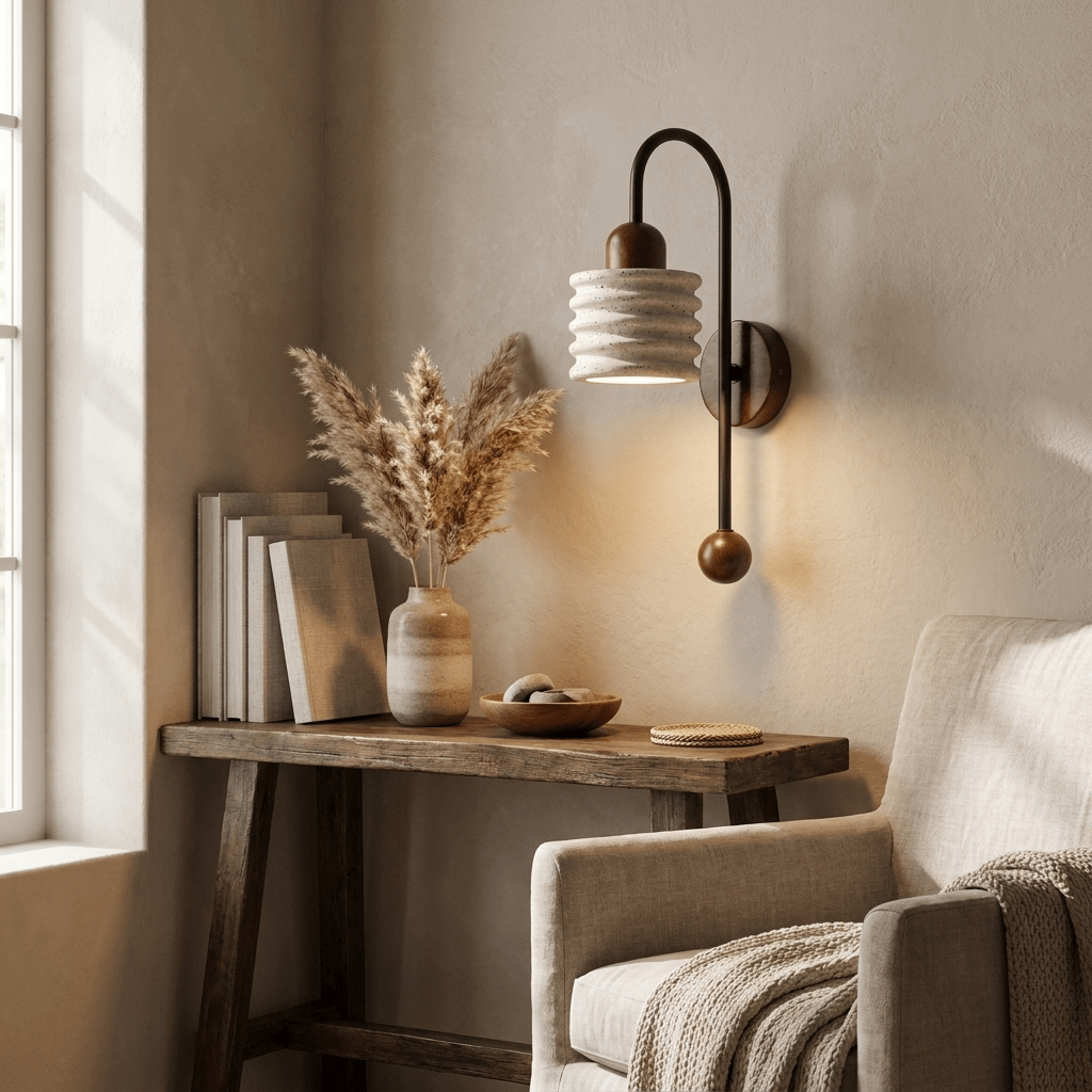 Ribbed Travertine Arc Sconce