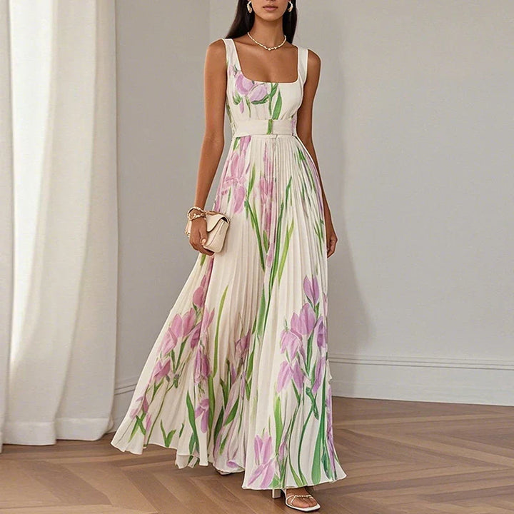 ELEGANTE GEPLOOIDE MAXI-JURK MET BLOEMENPRINT VOOR VROUWEN